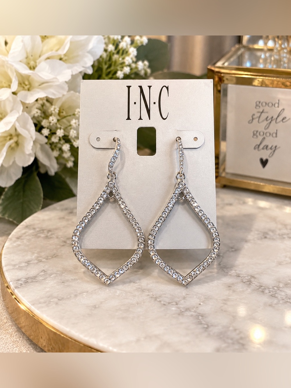 I.N.C. International Concepts Silver Crystal Teardrop Dangle Earrings NWT